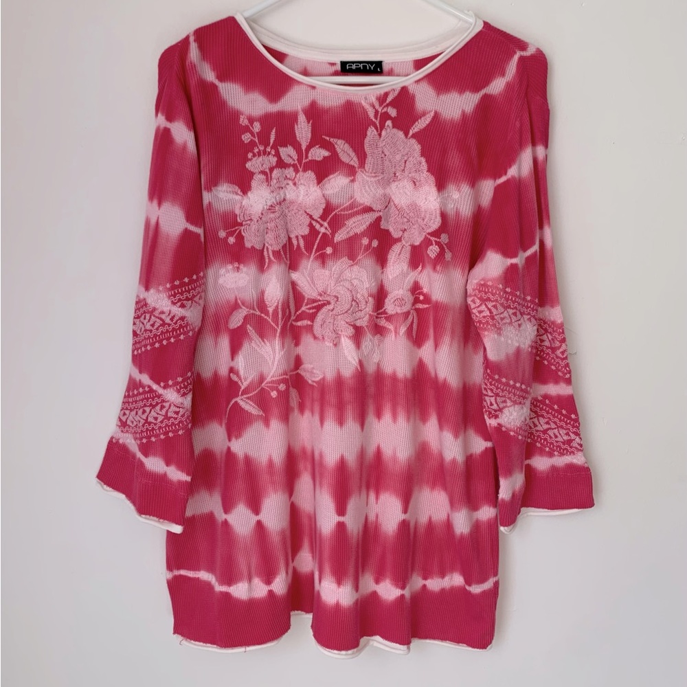 APNY Waffle Knit Tie Dye Pink Embroidery Thermal Tunic Large